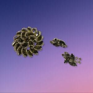 Rhinestone Brooch & Clip Earrings with Smoky Navette & Clear round Rhinestones.